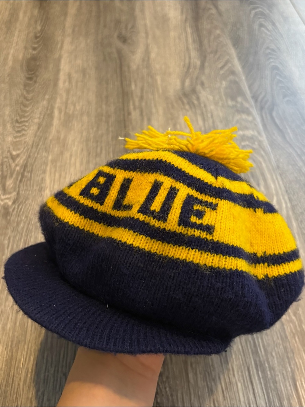 University of Michigan BLUE Maize & Navy Knit Visor Beanie Hat Pom Pom